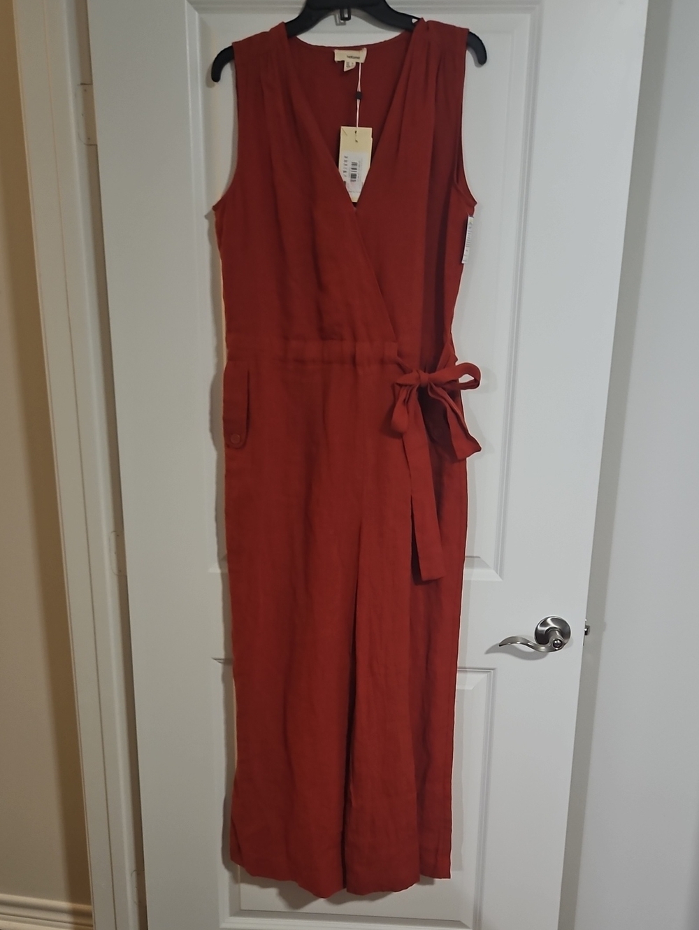 Sleeveless Rust Wrap Jumpsuit with Tie Waist